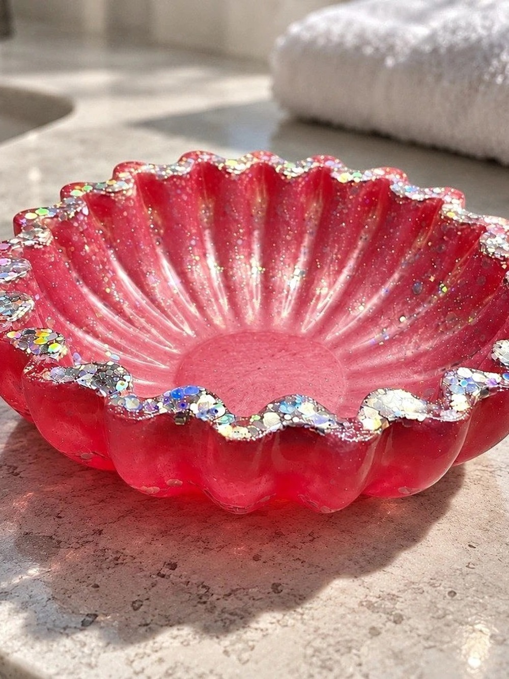 Pink Iridescent Scalloped Decorative Bowl with Glitter Home Decor Trinket Dish